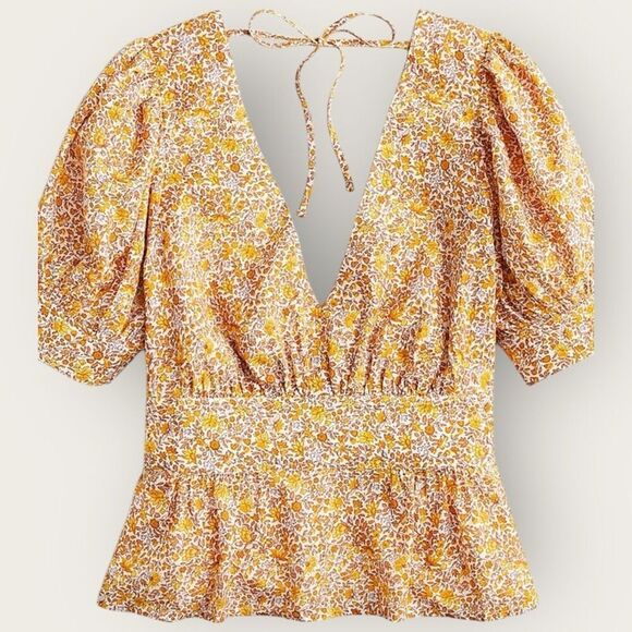 J. Crew Womens size 4 Puff-sleeve V-neck top in scattered blooms - Picture 1 of 10